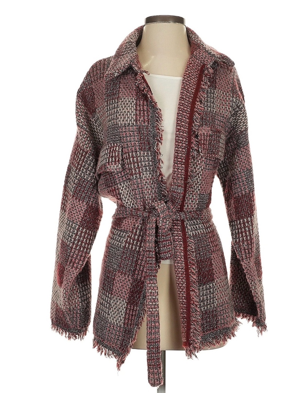 Plaid Knit Belted Cardigan Jacket in Rose and Gray